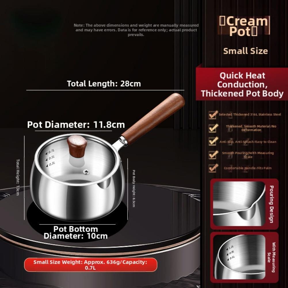 Multi Layer Stainless Steel Milk Pot with Heat Resistant Wooden Handle and Lid for Cooking Sauces Soups and More