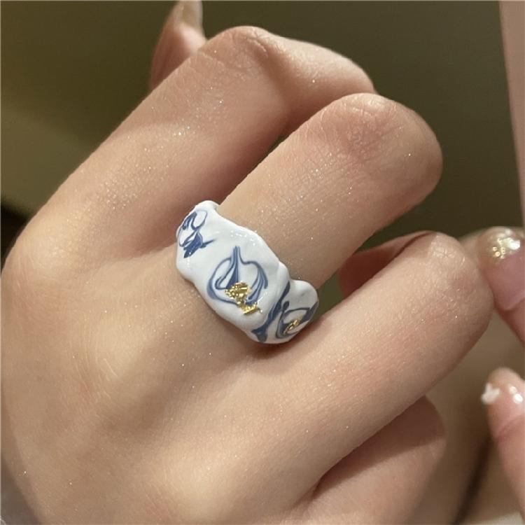 Elegant Dripping Oil Open Ring with Gold Foil Adjustable Ceramic Finger Ring Trendy Jewelry for Fashion Enthusiasts