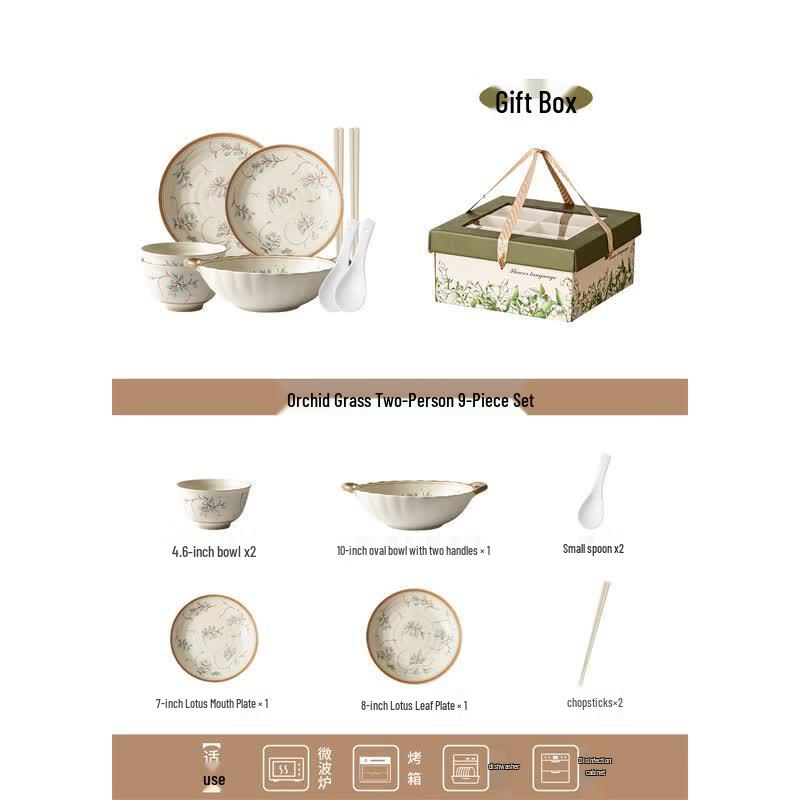 OLOEY Orchid Grass 9-Piece Chinese Ceramic Dinnerware Set