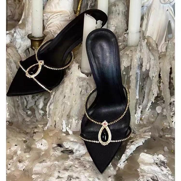 [Spot] New Gem Pointed Thin Heel Sandals Women's Open Toe with Rhinestone Slippers To Wear High-end Sense