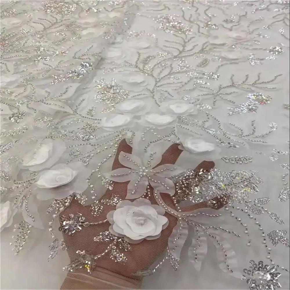 African 3D Flowers Sequins 2025 Latest Hot On Sale African French Party Lace Fabric Tulle Nigerian Lace Fabric For Wedding Dress