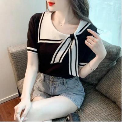 Damen Sommer Eis Seide Kurzarm T-Shirt Kontrastfarben Locker Altersreduzierend Pendler Oberteile