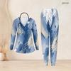 Women Plus Size Printed Nurse Scrub Set V Neck Long Sleeve Pocket Top And Long Pants Blue Beige