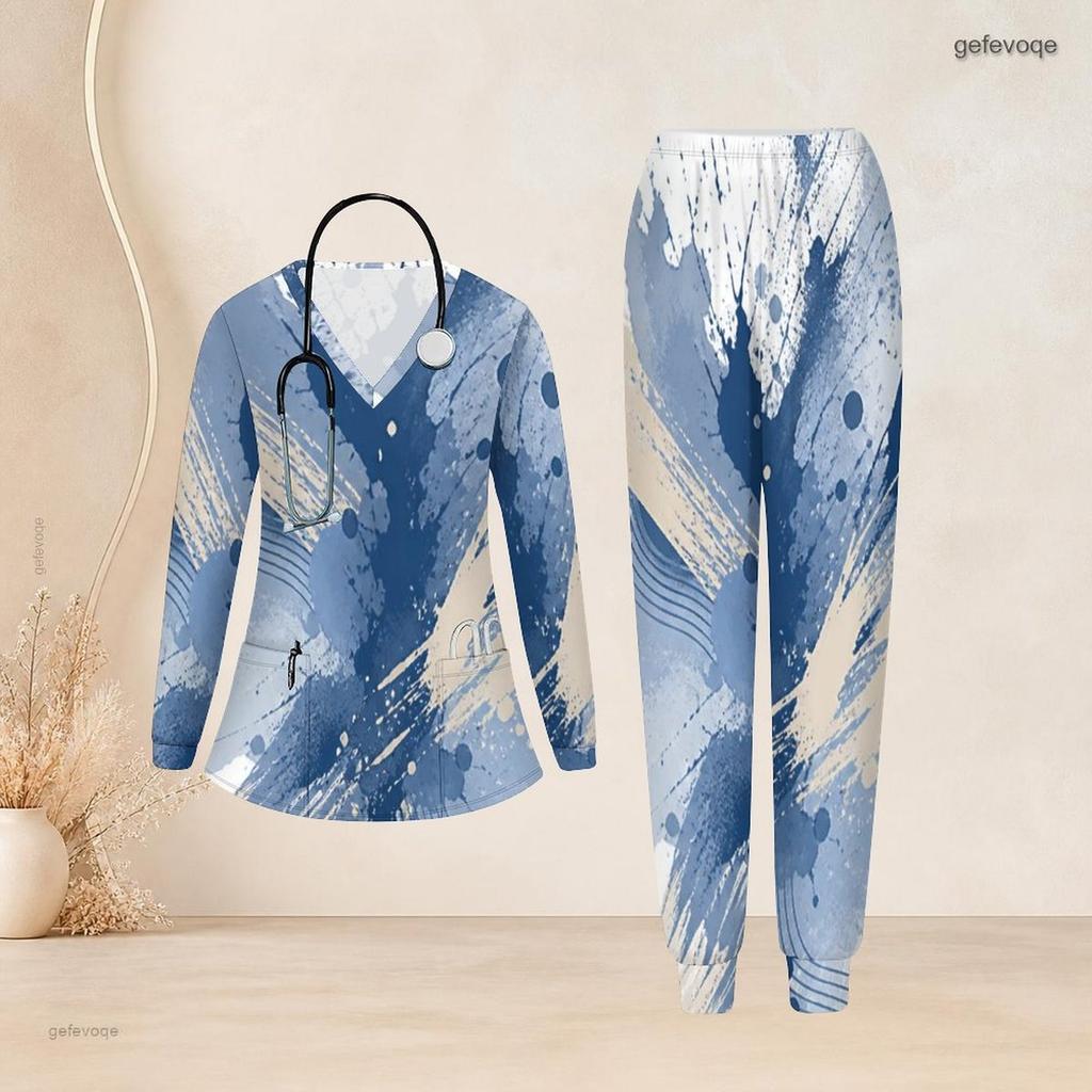 Women Plus Size Printed Nurse Scrub Set V Neck Long Sleeve Pocket Top And Long Pants Blue Beige
