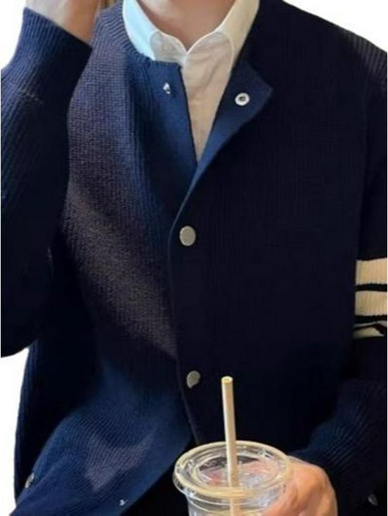 Herren Vielseitige Strickjacke mit Umlegekragen, Hochwertige Lässige Vier-Streifen Leichte Jacke für Frühling und Herbst