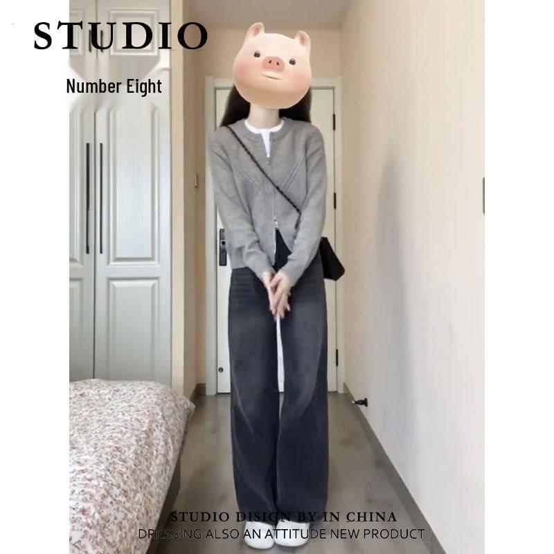 Retro Distressed High Waist Wide-Leg Jeans for Women - Spring/Summer, Loose Fit, Floor-Length, Black/Grey, Straight-Leg Trousers