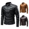 Solid Color Stand Collar Long Sleeves Pockets Zipper Placket Men Jacket Autumn Winter Fleece Lining Faux Leather Motorcycle Windbreaker
