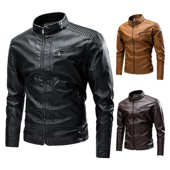 Solid Color Stand Collar Long Sleeves Pockets Zipper Placket Men Jacket Autumn Winter Fleece Lining Faux Leather Motorcycle Windbreaker