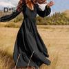 Women Spring Fall Dress Round Neck A-line V Neck Pleated Long Sleeves Solid Color Big Swing Dating Shopping Vacation Maxi Dress