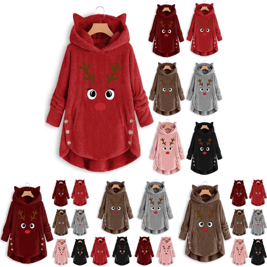 Cozy Fluffy Women's Christmas Sweatshirt With Adorable Elk Pattern And Cat Ear Design