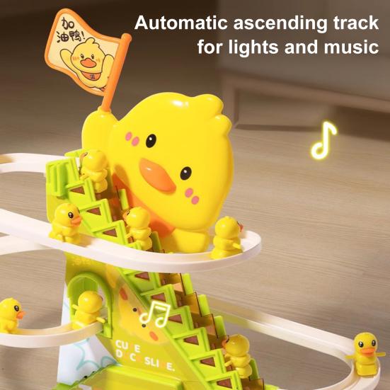 Rață Urcând Scări Tobogan Jucărie cu Lumină LED Muzică Copii Mici Rață Electrică Montagne Russe Pista de Cursă cu Alunecare Jucărie cu 12 Rațe Mici