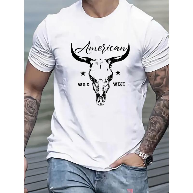 

European sizes [Comfortable Round Neck Tee] WILD WEST Fashionable Print, Men s Round Neck Short-sleeved T-shirt 4XL