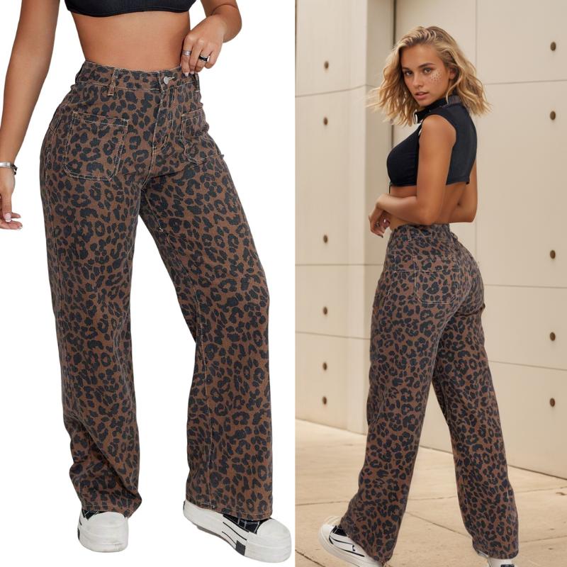 

Rose Beauty A Street Vintage Leopard Print Высокая талия Двойной карман Контрастный шов Женские повседневные прямые джинсовые брюки Женские широкие джинсы XS
