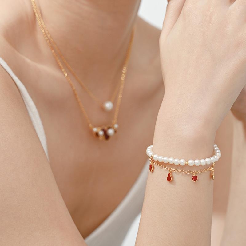 Exquisite Red Maple Leaf Enamel Gourd Multi-Pendant Pearl Double-Layer Chinese Bracelet Gift