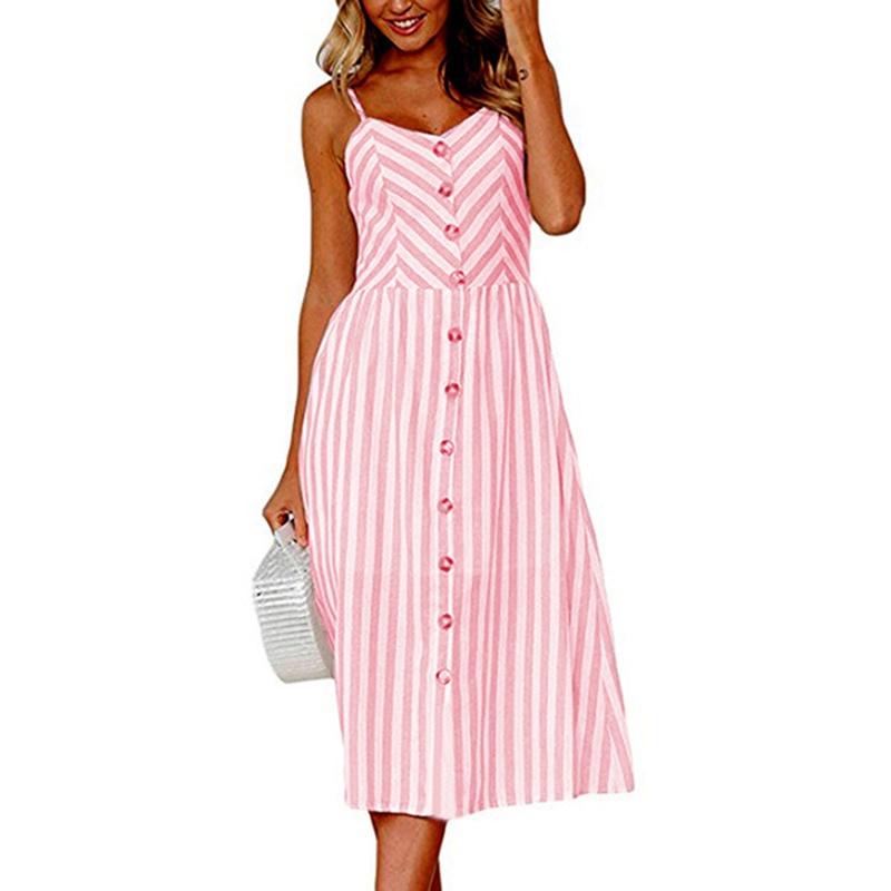 Elegante Abito Midi Estivo da Donna Boho con Spalline Sottili e Tasche a Bottone
