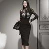 Korean Style Women's Slim Fit Lace Splice Midi Dress
