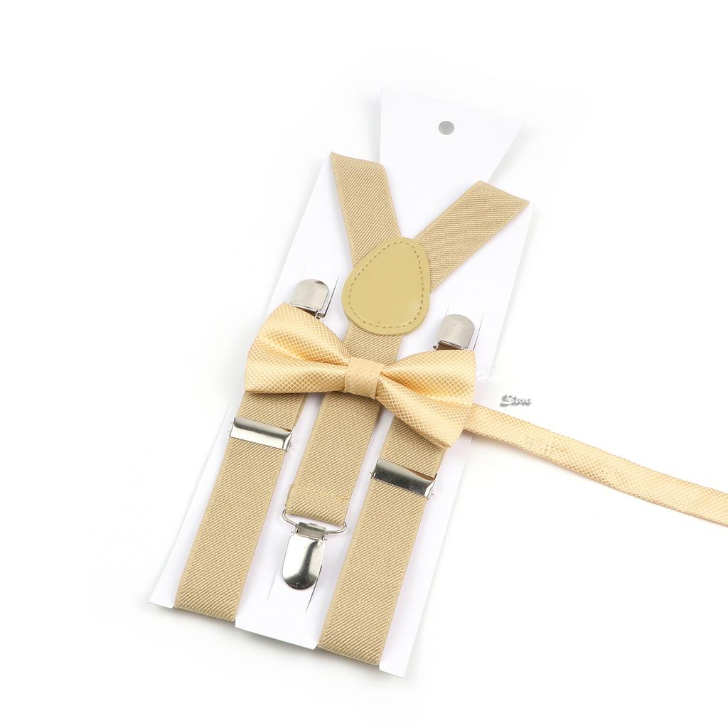 Men Kids Yellow Khaki Brown Suspender Bowtie Set Elastic Adjustable Y-Back Braces Straps Daily Father-Child Braces Accessory