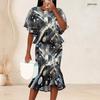 Women Plus Size Printed Two Piece Skirt Set Round Neck Batwing Sleeve Ruffle Hem Top Fishtail Skirt Black Grey Gold
