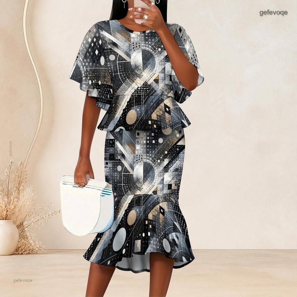 Women Plus Size Printed Two Piece Skirt Set Round Neck Batwing Sleeve Ruffle Hem Top Fishtail Skirt Black Grey Gold