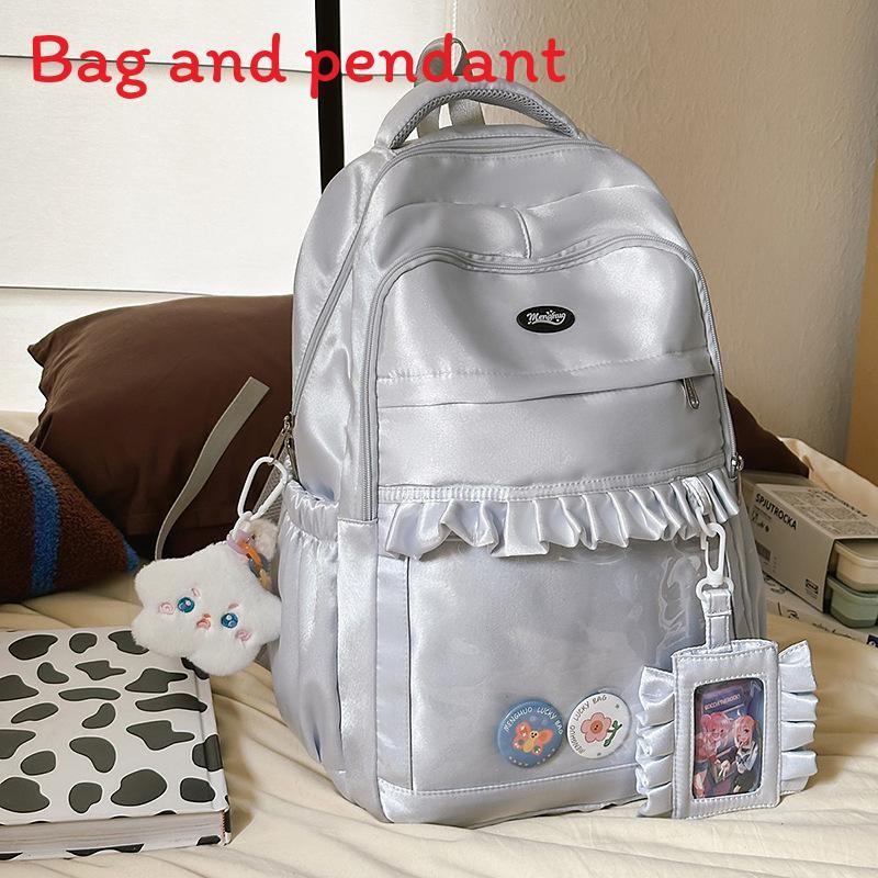 Checkered Pattern Sweet Lace Design Student Backpack With Plush Decor Pendant