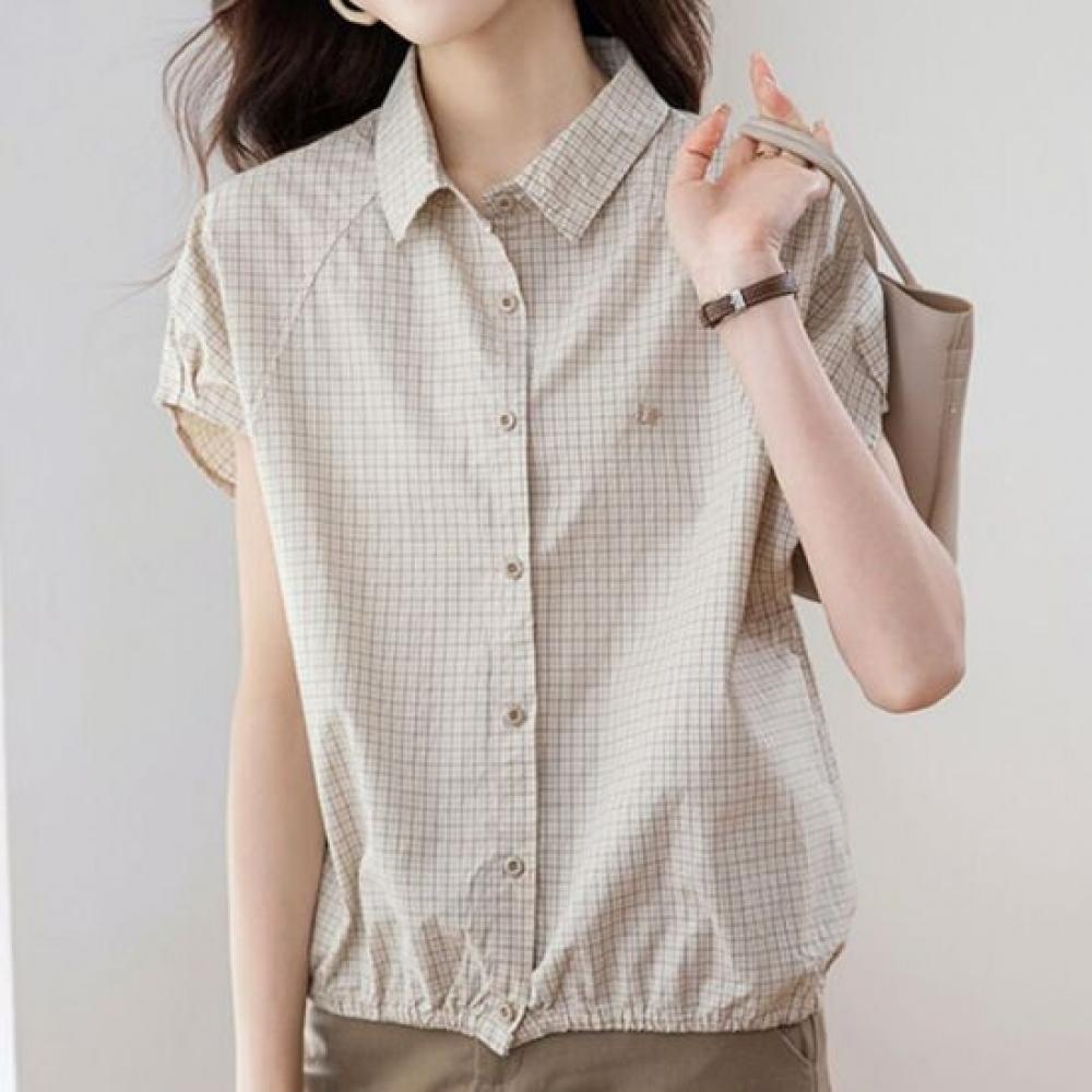 Navava Women Retro Check Cap Sleeve Collar Shirt Nb3151