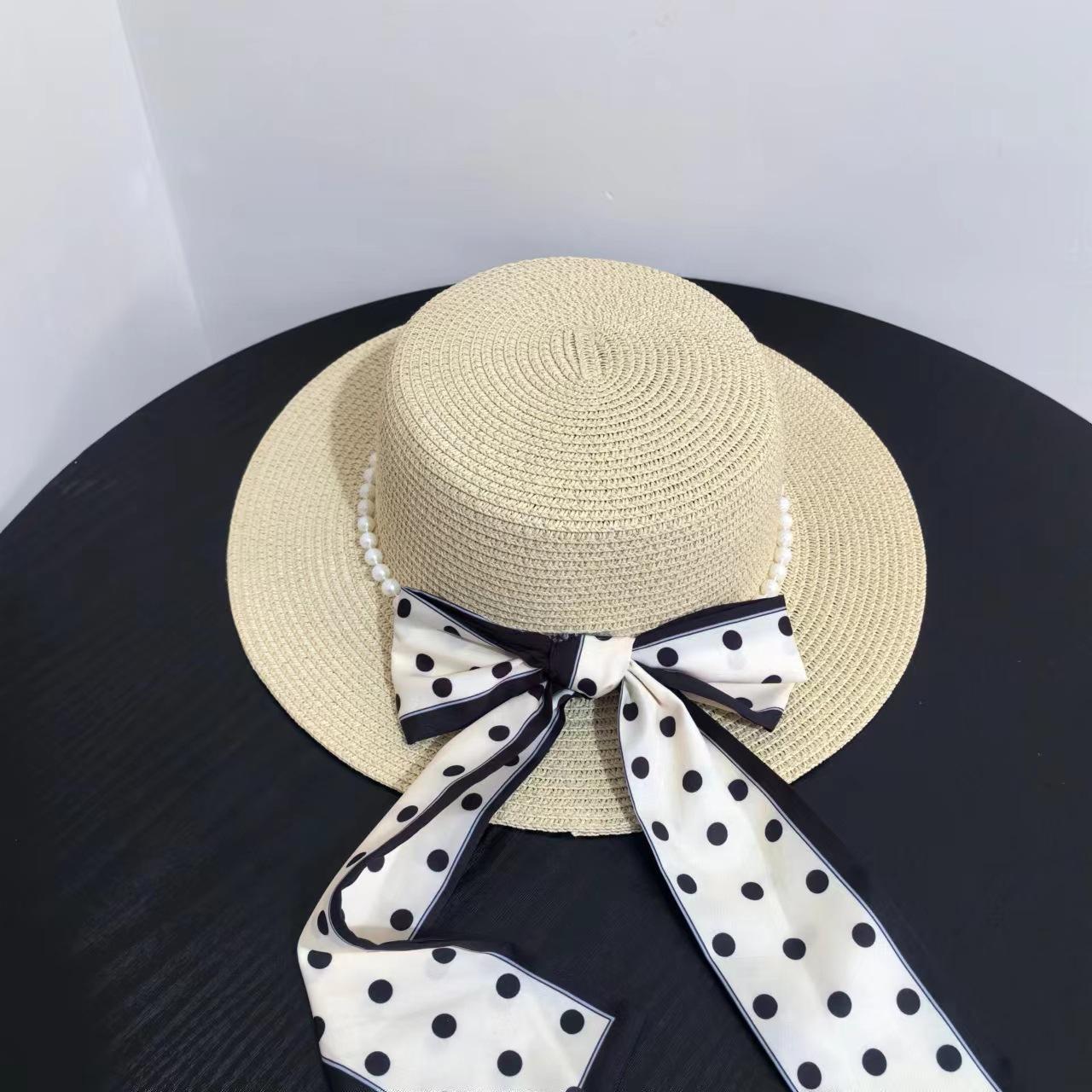 

Летняя шляпа от солнца корейская элегантная в горошек с узким жемчужным узором шляпа с плоским верхом Hepburn дорожная маленькая свежая шляпа M（56-58cm） бежевый