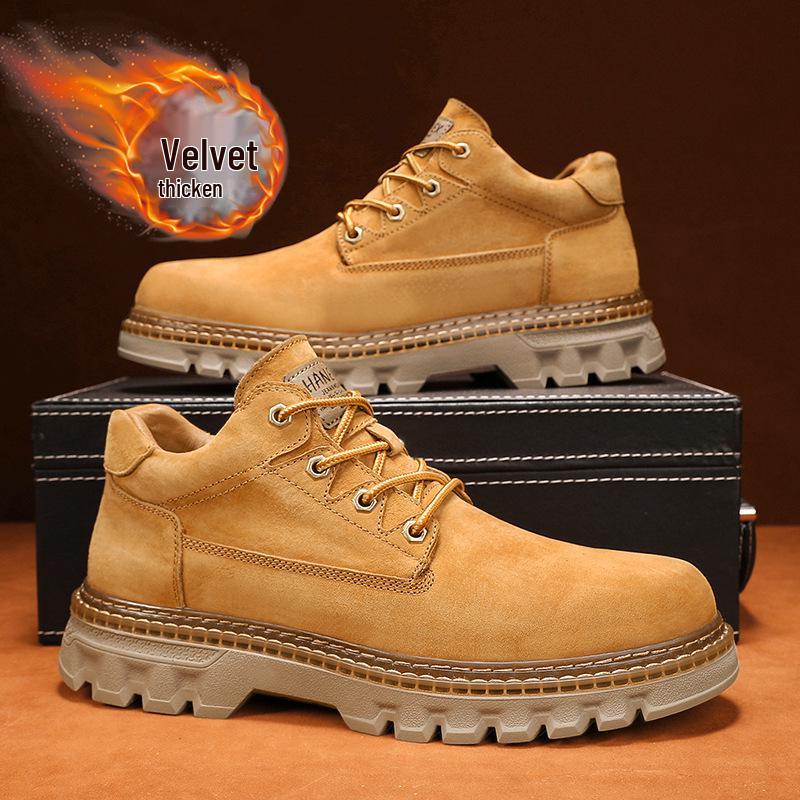 Men's Genuine Leather Outdoor Short Boots, Warm Plus Velvet, Autumn Winter Workwear, Yellow Martin Design.