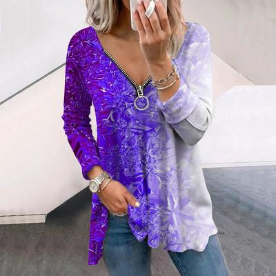 Kvinner Høst Gradient Glitter Trykket Langermet T-skjorte Løs V-hals Pluss Størrelse T-skjorte Topper Komfortabel Bluse