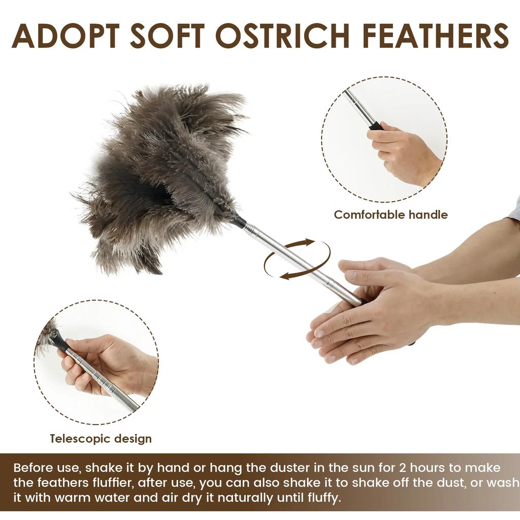 Extendable Ostrich Feather Duster With Stainless Steel Long Handle Brush Household Furniturer Dust Cleaning Tools