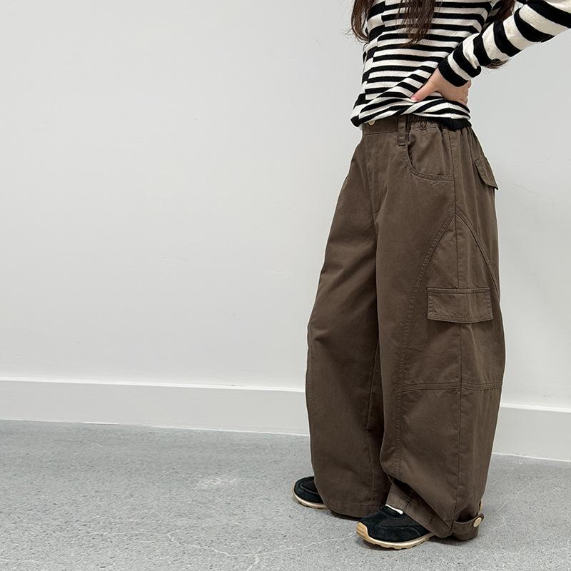 Kids Korean Style Casual Wide Leg Cargo Trousers With Side Pockets
