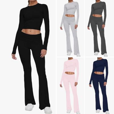 2 Peças/Conjunto Feminino Conjunto Top Calça Skinny Cintura Alta Gola O Manga Longa Cor Lisa Elástico Macio Respirável Yoga Calça Flare