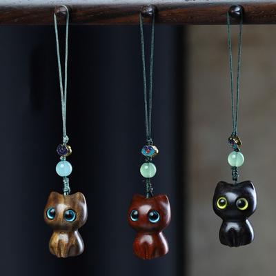Pendant Mobile Phone Ring Chinese Style Lucky Cat Pendant Lucky Sandalwood Key Chain  Women
