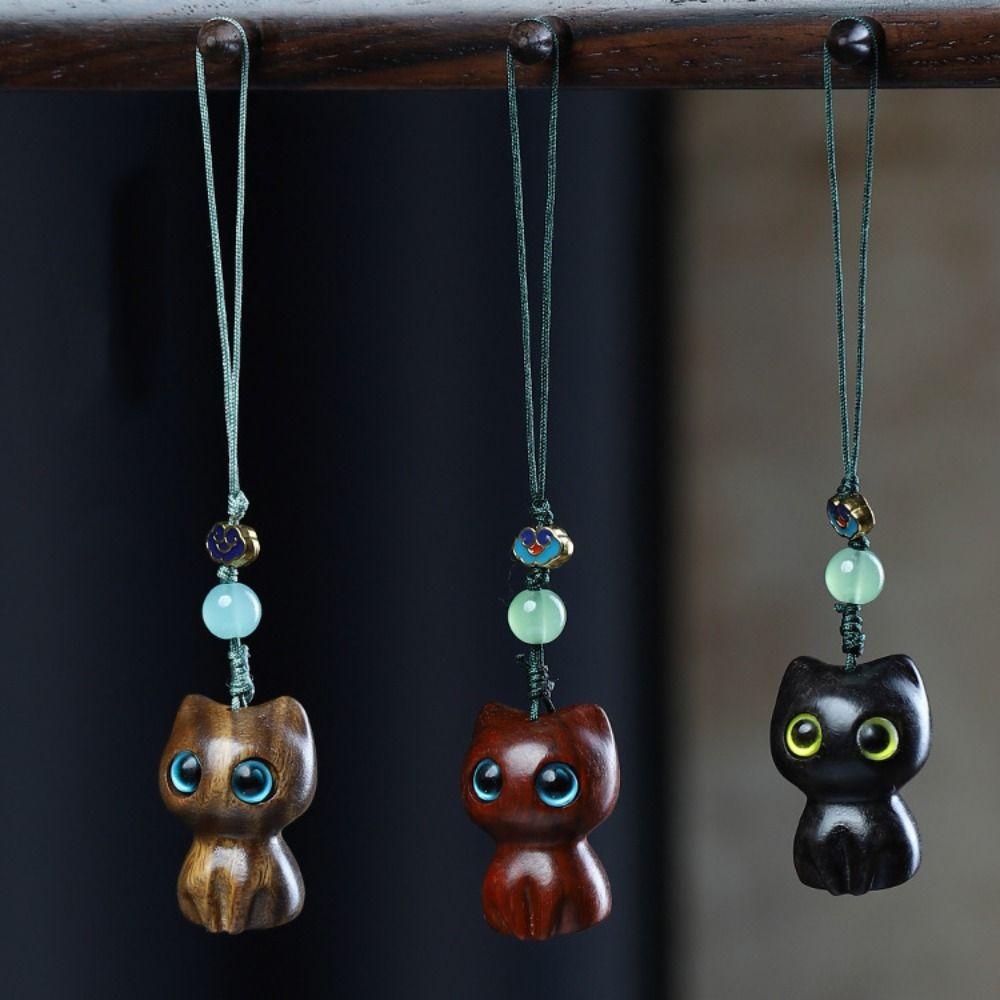 Strawberry Sandalwood Key Chain Chinese Style Lucky Cat Pendant Lucky Key Chain Strap  Men