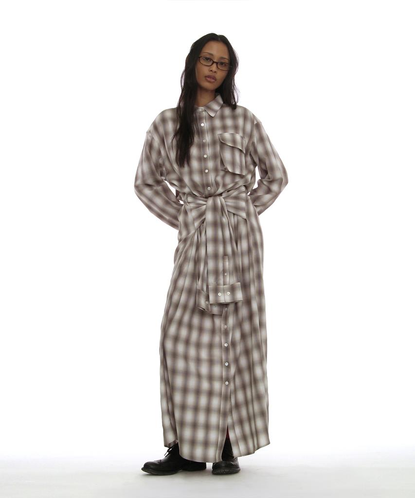 PARTIMENTO WOMEN Sleeve-Tie Shirt Maxi Dress_Beige Check