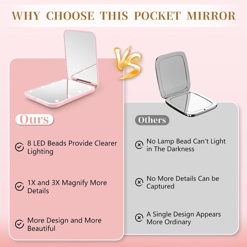 Compact Mirror with Light, 1X/3X Magnification LED Pocket Mirror for Women | Portable, Travel, Purse, Pocket, Gift, Pink, mini, small, essentials,