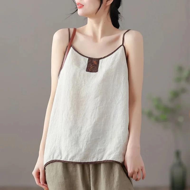 Cotton Linen Tanks Camis Women Vintage Harajuku Chic Casual Top Ladies Embroidered Vest Sleeveless Bottoming Sling Cami
