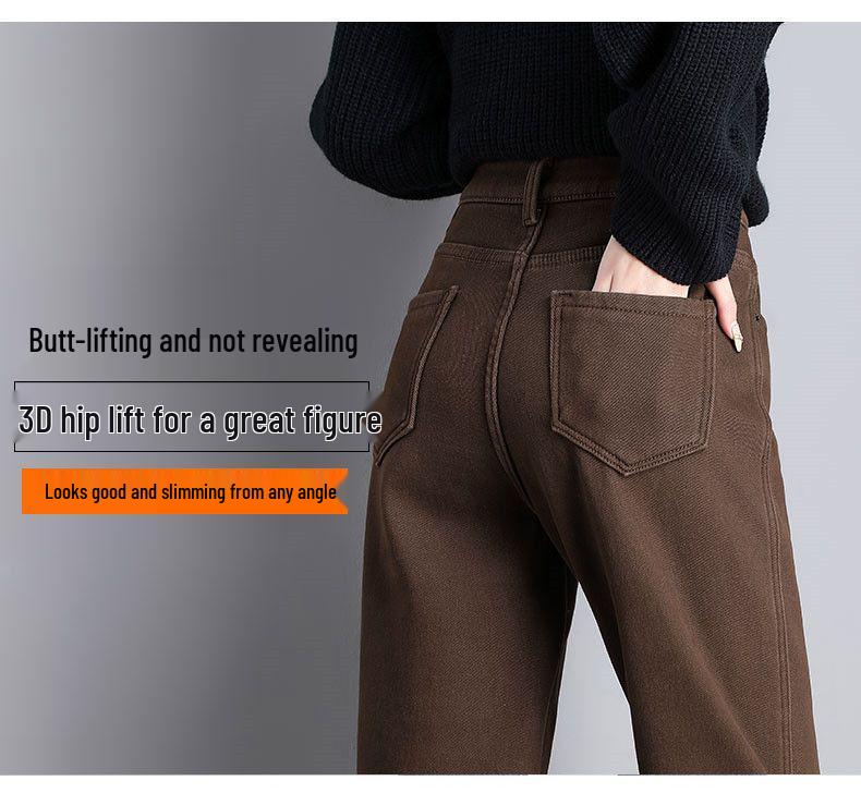 Women's Thickened Velvet Straight-Leg Jeans, Coffee Brown - Autumn/Winter 2025 Collection