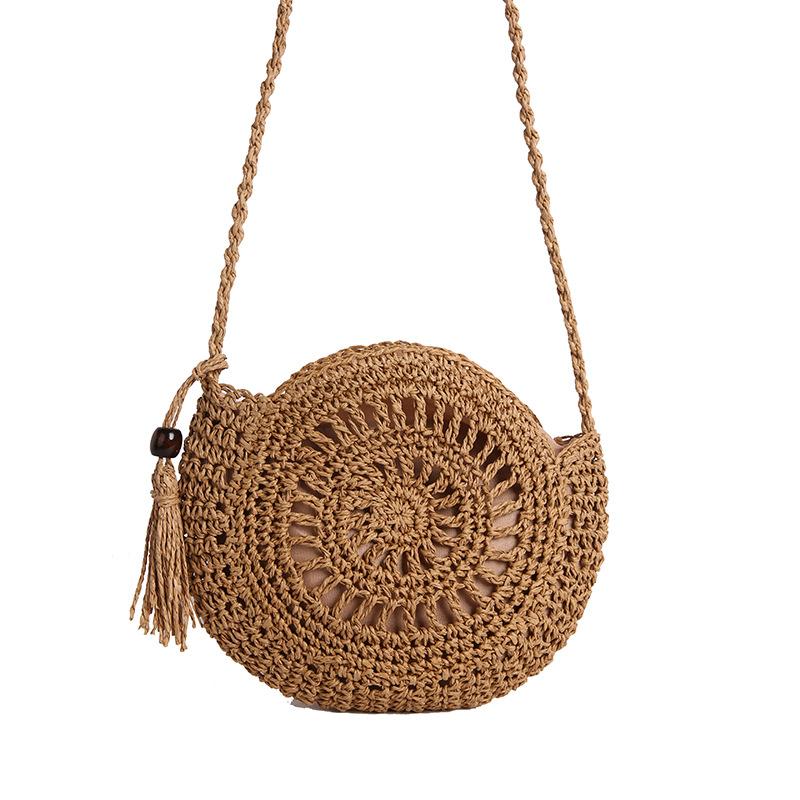Woven Small Bag Women's New Summer Fringed Straw Woven Bag Vacation Beach Shoulder Messenger Small Round Bag