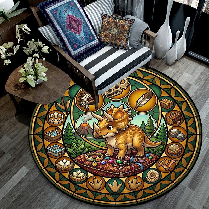 Dinosaur Adventure Mandala Round Area Rug Under Office Chairs Bedroom Living Room Home Decor