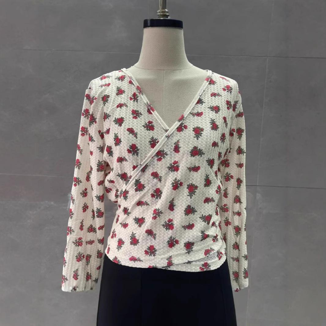 

Retro Floral Print Long Sleeve V-Neck Tie-Up Slimming T-Shirt S (approx. 95 lbs)