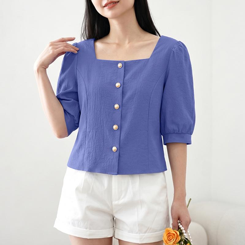 ZANZEA Damen Freizeit Quadratischer Kragen Locker Sommer Halbarm Bluse