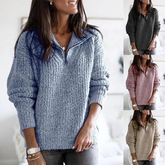 Neformální ženy podzimní dlouhý rukáv stojáček límeček na zip svetr teplý pletený svetr