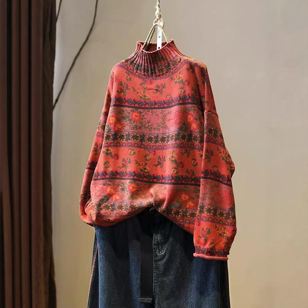 Vintage Floral Print Mock Neck Casual Loose Sweater Woman Autumn Fashion Cotton Long Sleeves Sweater