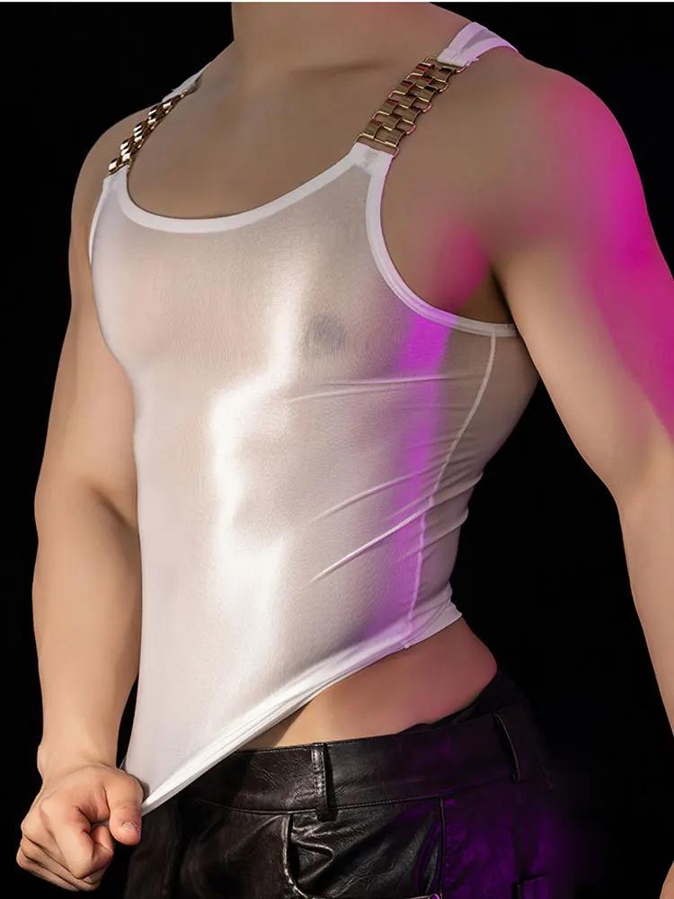 Men'S High Elastic Shaping Vest Fashion Gold Chain Connect Shoulder Belt Sexy Sheer See Through Tank Tops Man T-Shirts Nightclub