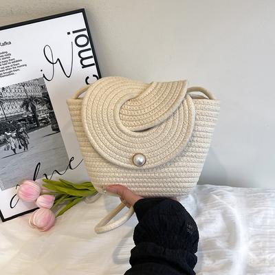 Small Fresh Pearl Flip Small Bag Crossbody Cotton Rope Woven Bag Casual Shoulder Straw Bag Mini Beach Bag Women's Bag