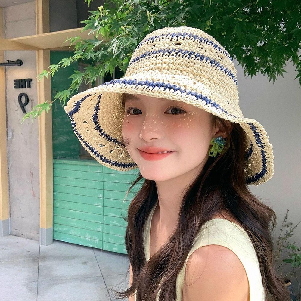 Handmade Weave Crochet Hat Summer Fisherman Caps Ins Straw Bucket Cap  Travel