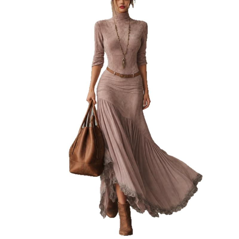 Womens Vintage Boho Suede Texture Maxi Dress Turtleneck Long Sleeve Lace Trim Irregular Hem High Waist Flowy Party Long Dress