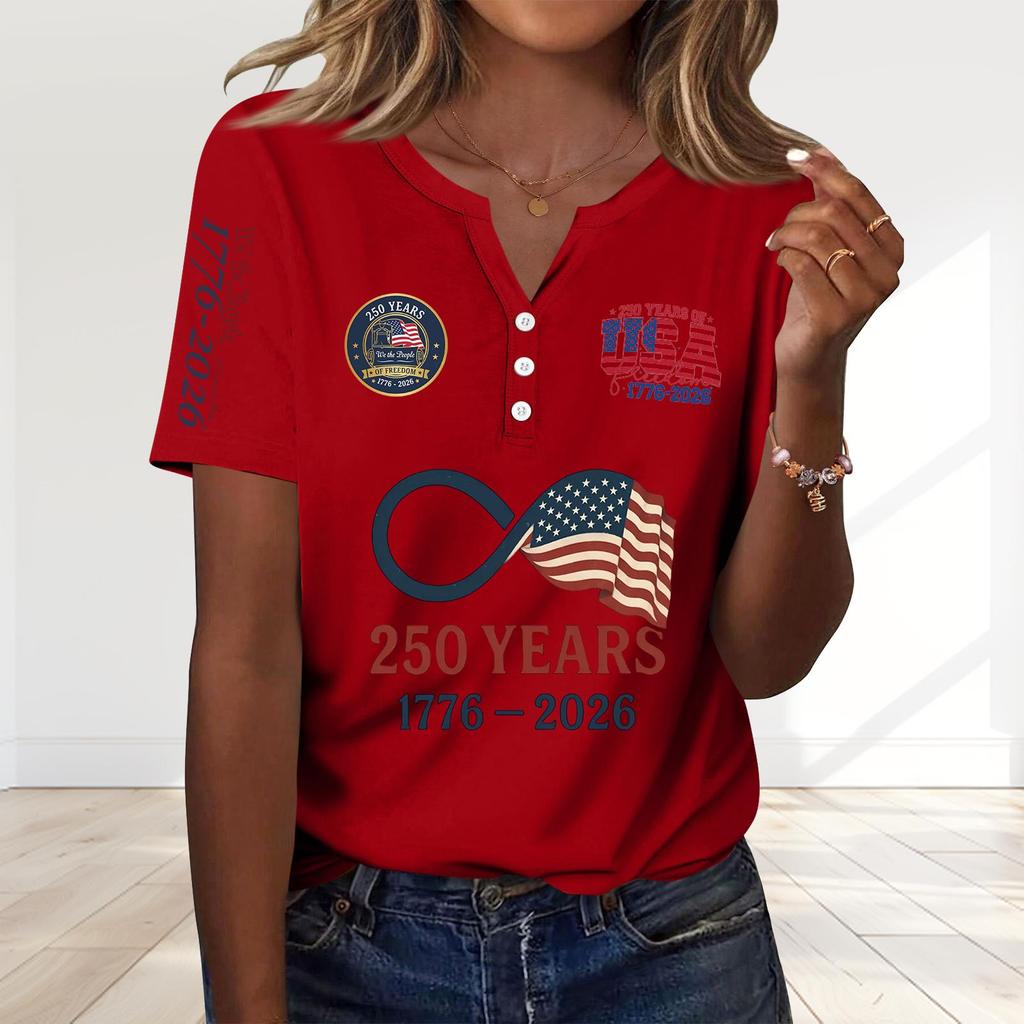 Women's Fashion Casual 250th Anniversary Independence Day Print V-Neck Short Sleeve Decorated Button-Up T-Shirt