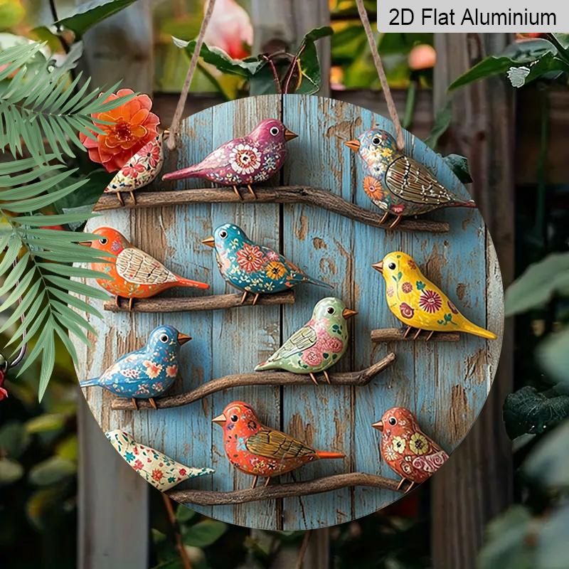 Plano 2D, 1 pieza Redondo de Aluminio Colorido Pájaro de Arte Popular Señal, Vintage Floral Pintado Pájaro Placa de Metal, Impermeable y a Prueba de Óxido, Perfecto para Casa de Campo