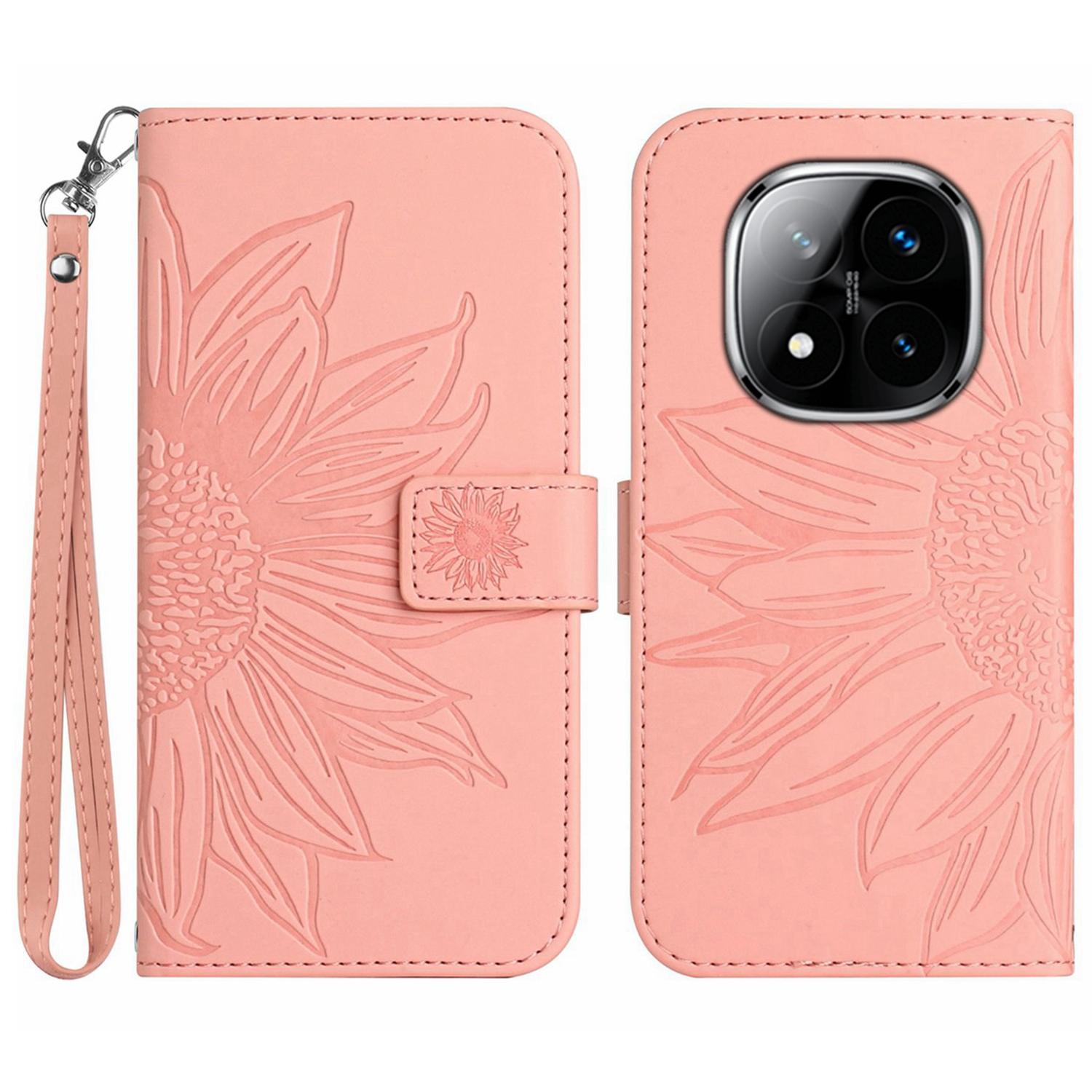

For Xiaomi Redmi Note 14 Pro 4G Case Sunflower Imprint Leather Wallet Phone Cover with Wrist Strap Light Pink
